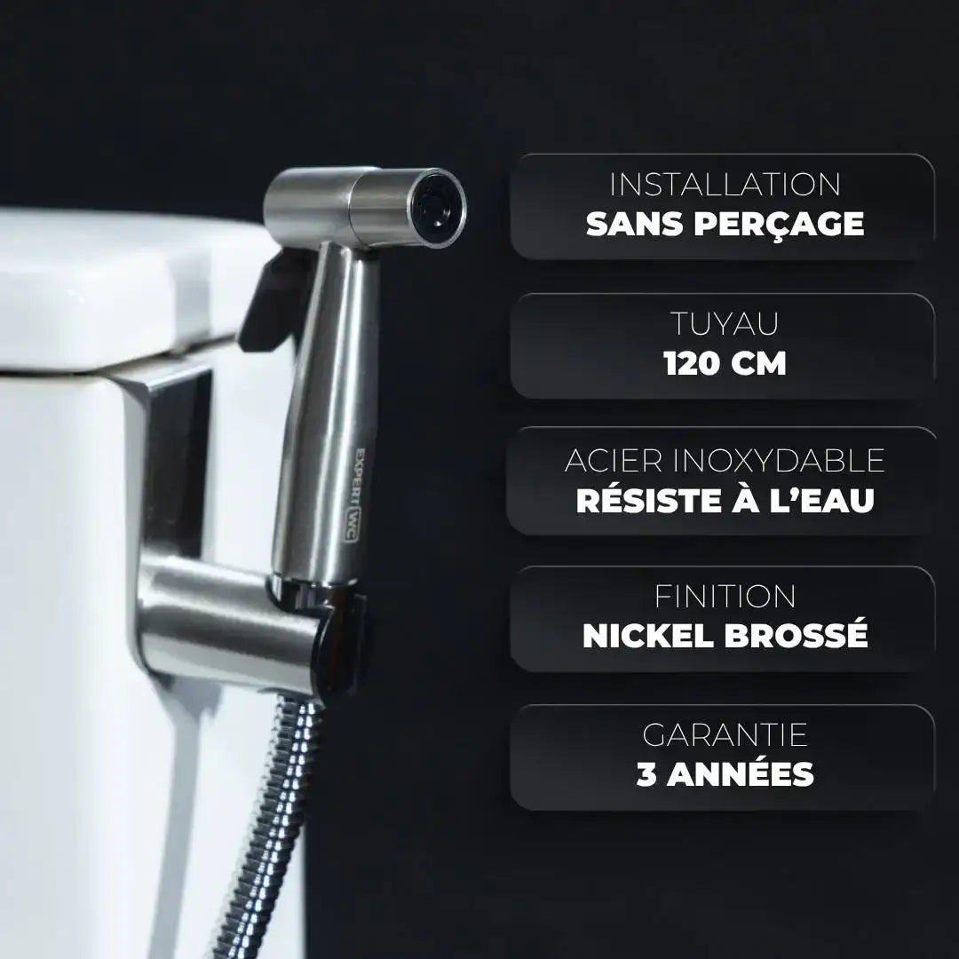 Douchette WC Hydraflow inox brossé : sans perçage, tuyau 120 cm, garantie 3 ans