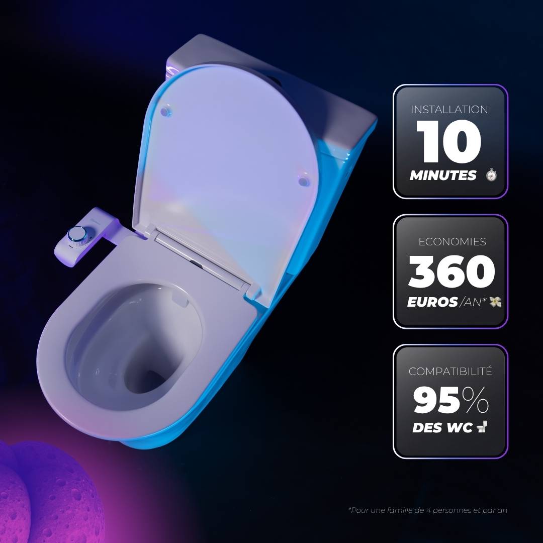 Toilettes équipées du kit WC japonais Uranus, installé en 10 minutes et compatible 95 % des WC