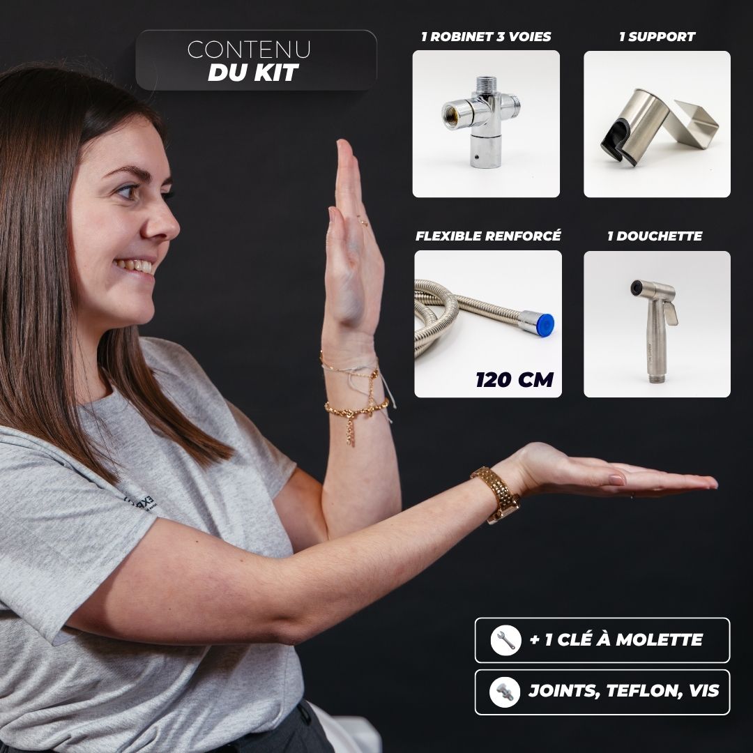 Contenu du kit douchette WC Hydraflow : robinet 3 voies, support, flexible 120 cm, pulvérisateur, joints