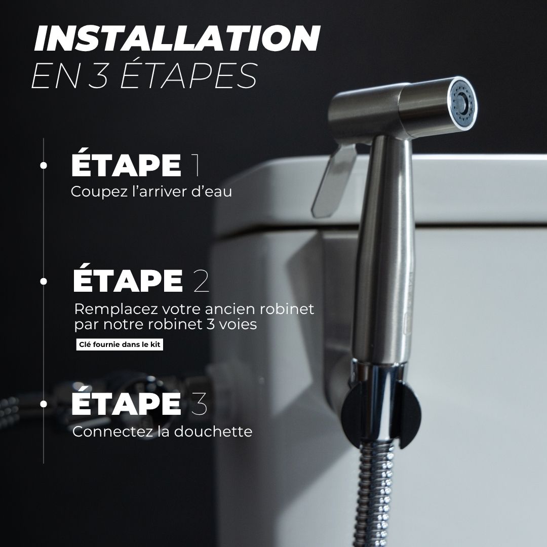 Installation de la douchette WC Hydraflow en 3 étapes : couper l’eau, poser le robinet 3 voies, brancher