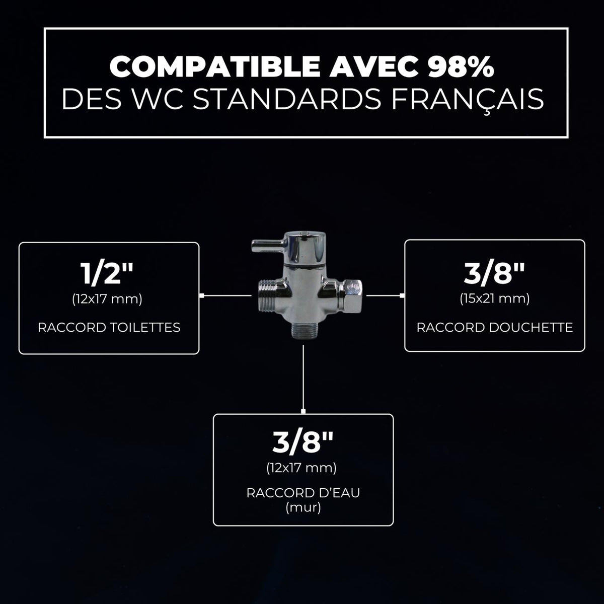 Robinet de la douchette WC Hydraflow compatible avec 98 % des WC français, raccords 1/2 et 3/8