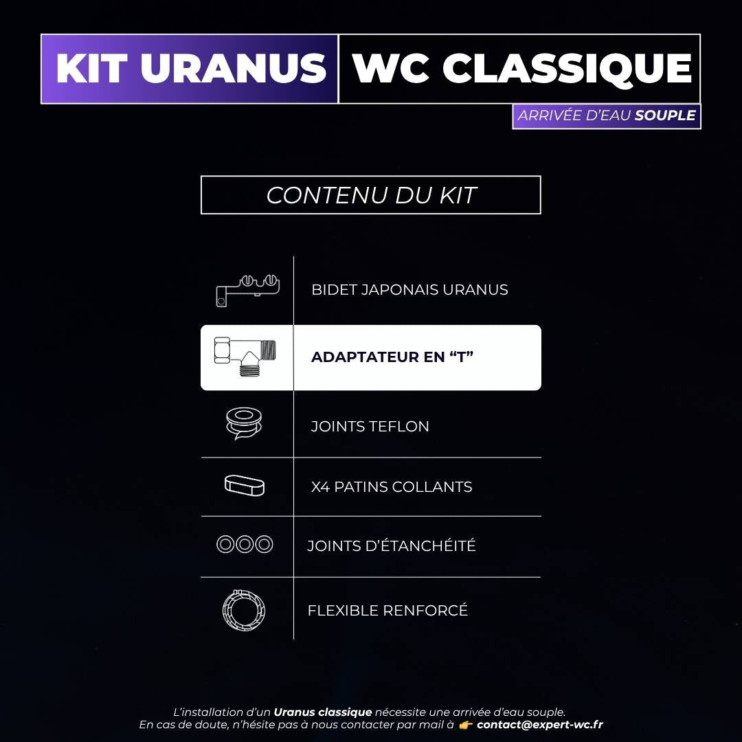 Contenu du kit WC japonais Uranus Classique pour arrivée d’eau souple : adaptateur en T, joints, flexible