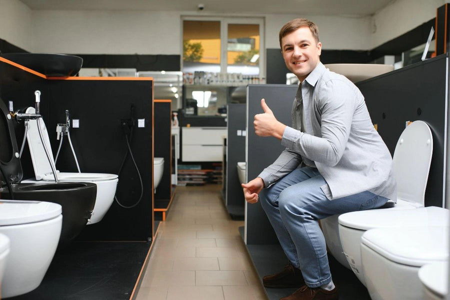 Un homme souriant faisant un pouce levé dans un showroom d'abattants et de cuvettes WC.
