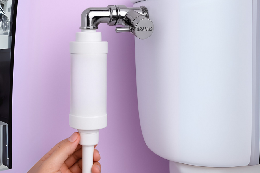 Filtre anti-calcaire Uranus installé sur l'arrivée d'eau d'un WC blanc