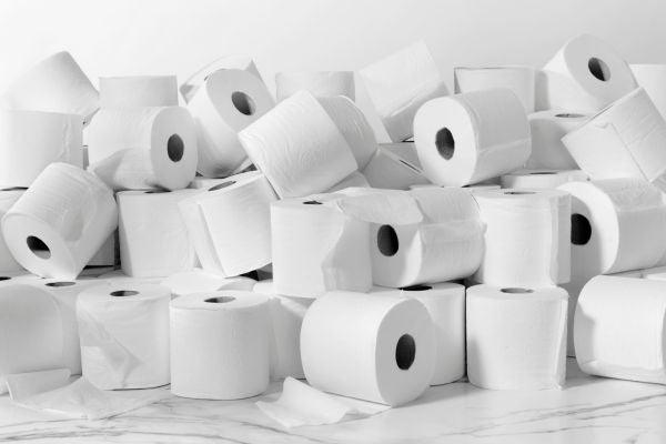 Accumulation de rouleaux de papier toilette blancs sur un fond clair.