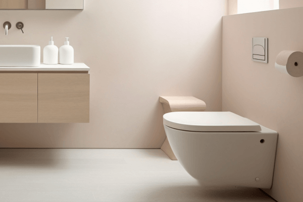 WC suspendu moderne blanc dans une salle de bain minimaliste beige