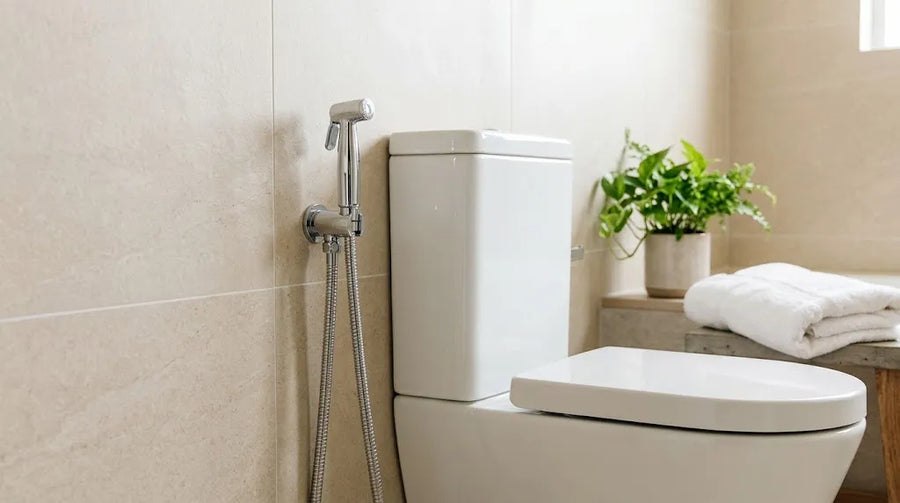 Douchette WC chromée fixée à côté des toilettes dans une salle de bain moderne