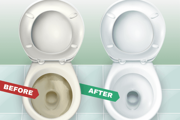 Comparaison avant et après du nettoyage d'un abattant et d'une cuvette de WC.