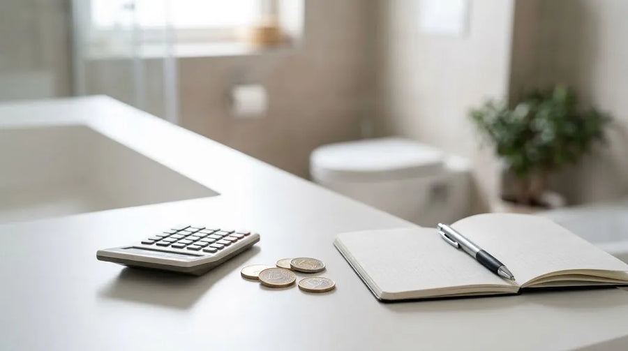 Calculatrice, pièces et carnet pour estimer le prix d'une toilette japonaise