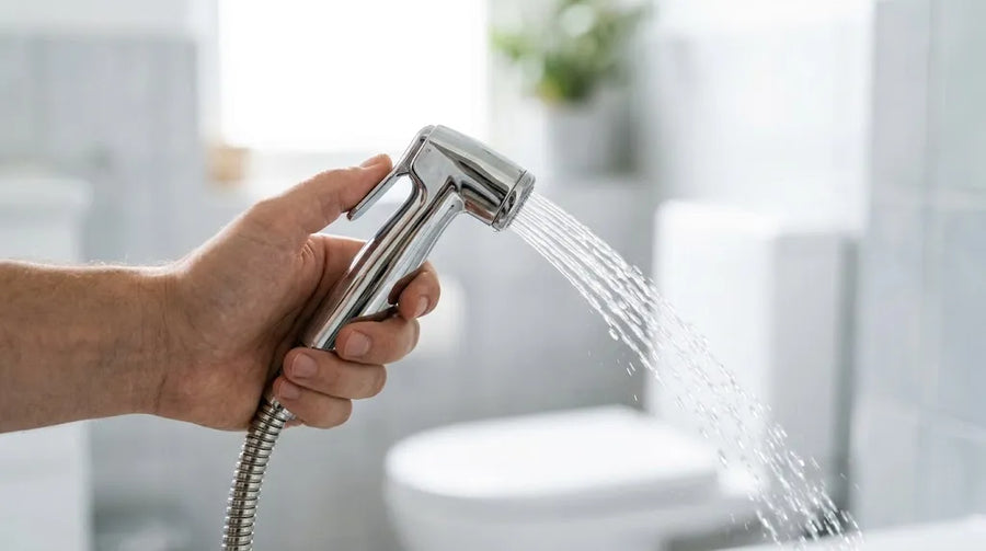 Main tenant une douchette WC chromée avec un jet d'eau doux