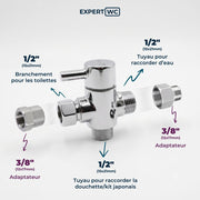 Robinet 3 voies droit inox format 1/2 + adaptateurs 3/8