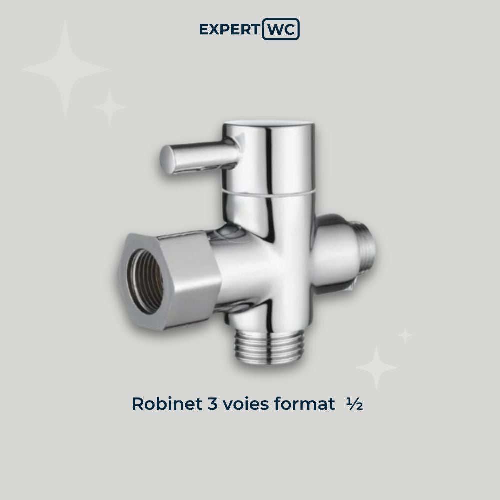 ROBINET 3 VOIES DROIT 1/2 ou 3/8 POUCES EN INOX POUR TOILETTES
