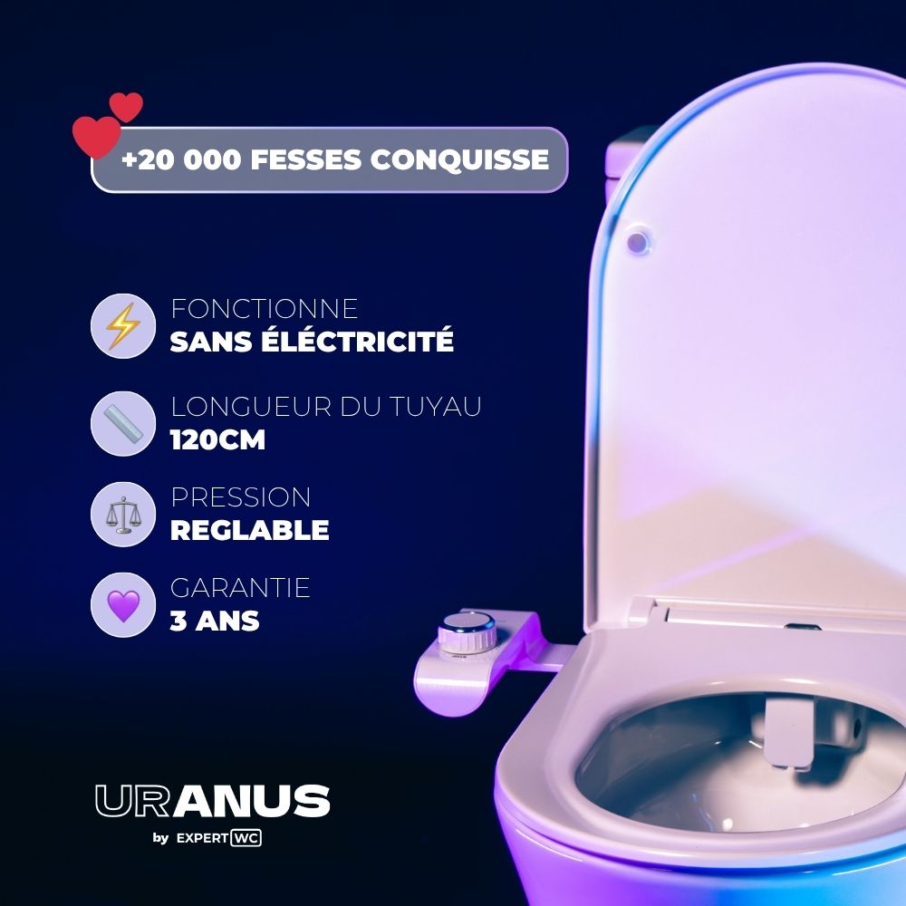 Kit WC japonais Uranus sans électricité : tuyau de 120 cm, pression réglable, garantie 3 ans