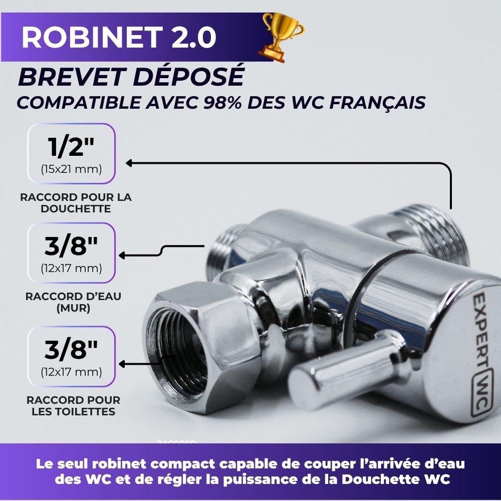 Robinet 3 voies breveté de la douchette WC, compatible avec 98 % des WC français
