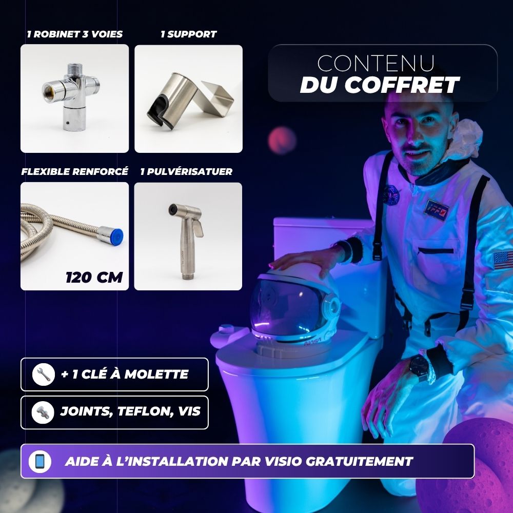 Contenu du coffret douchette WC : robinet 3 voies, support, flexible 120 cm, pulvérisateur