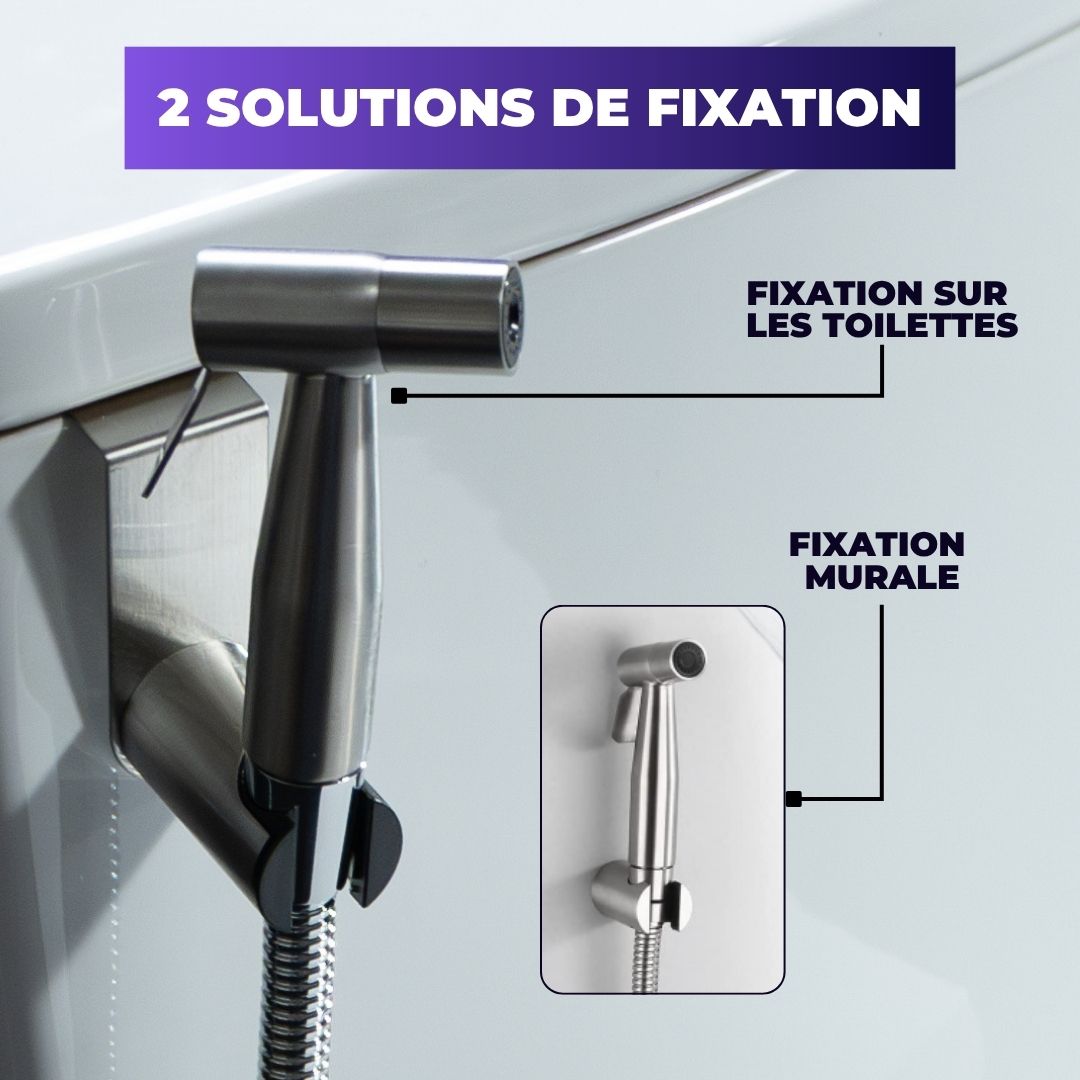 2 fixations de la douchette WC Hydraflow : sur les toilettes ou au mur