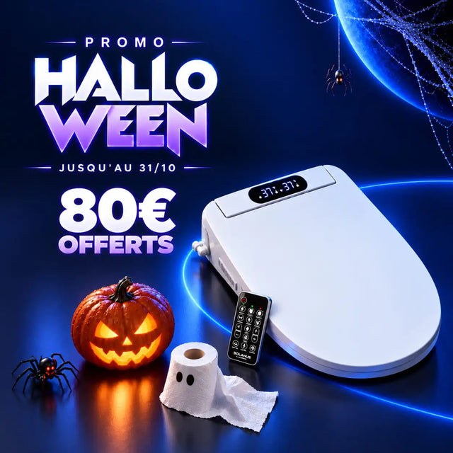 Abattant WC japonais chauffant Solanus et sa télécommande, visuel de l’offre Halloween