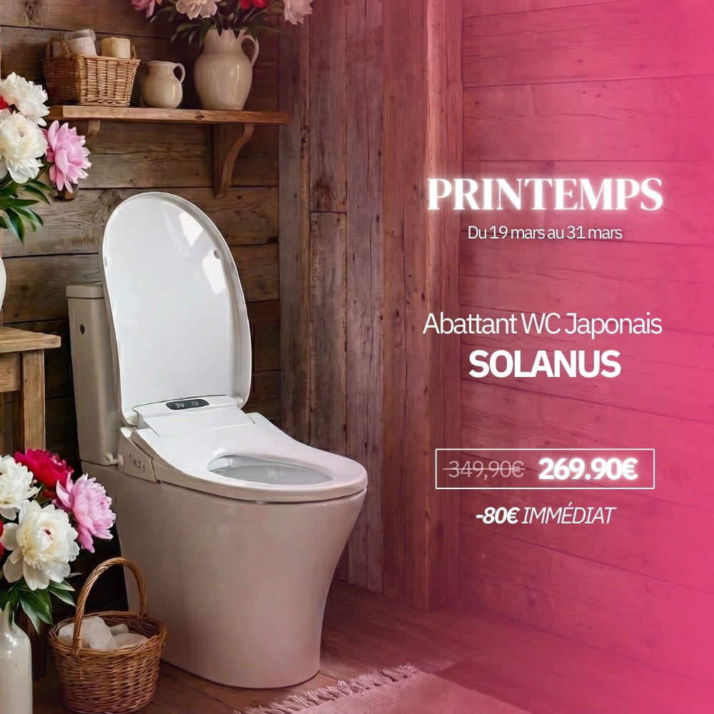 WC japonais solanus intelligent avec siège chauffant et douchette intégrée dans une salle de bain moderne