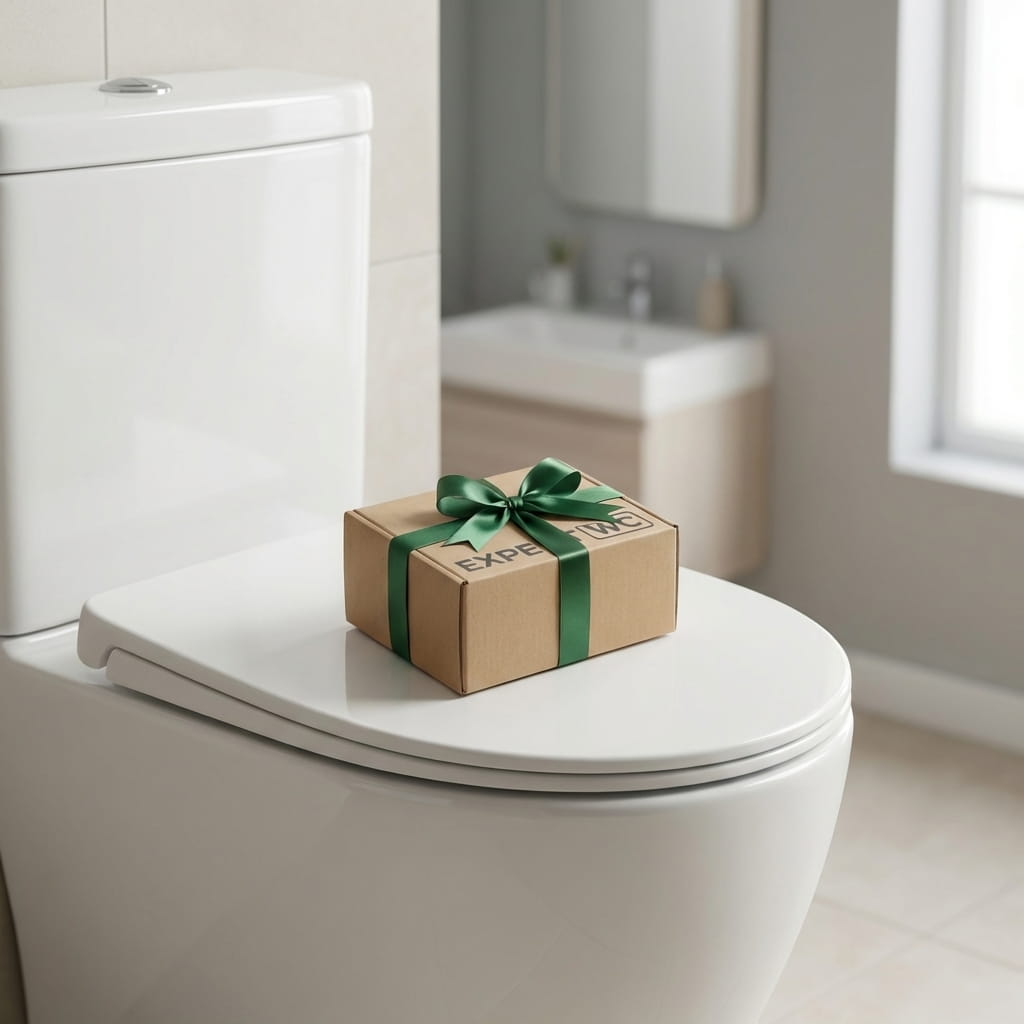 Paquet cadeau posé sur l’abattant des toilettes, cadeau offert par Expert WC