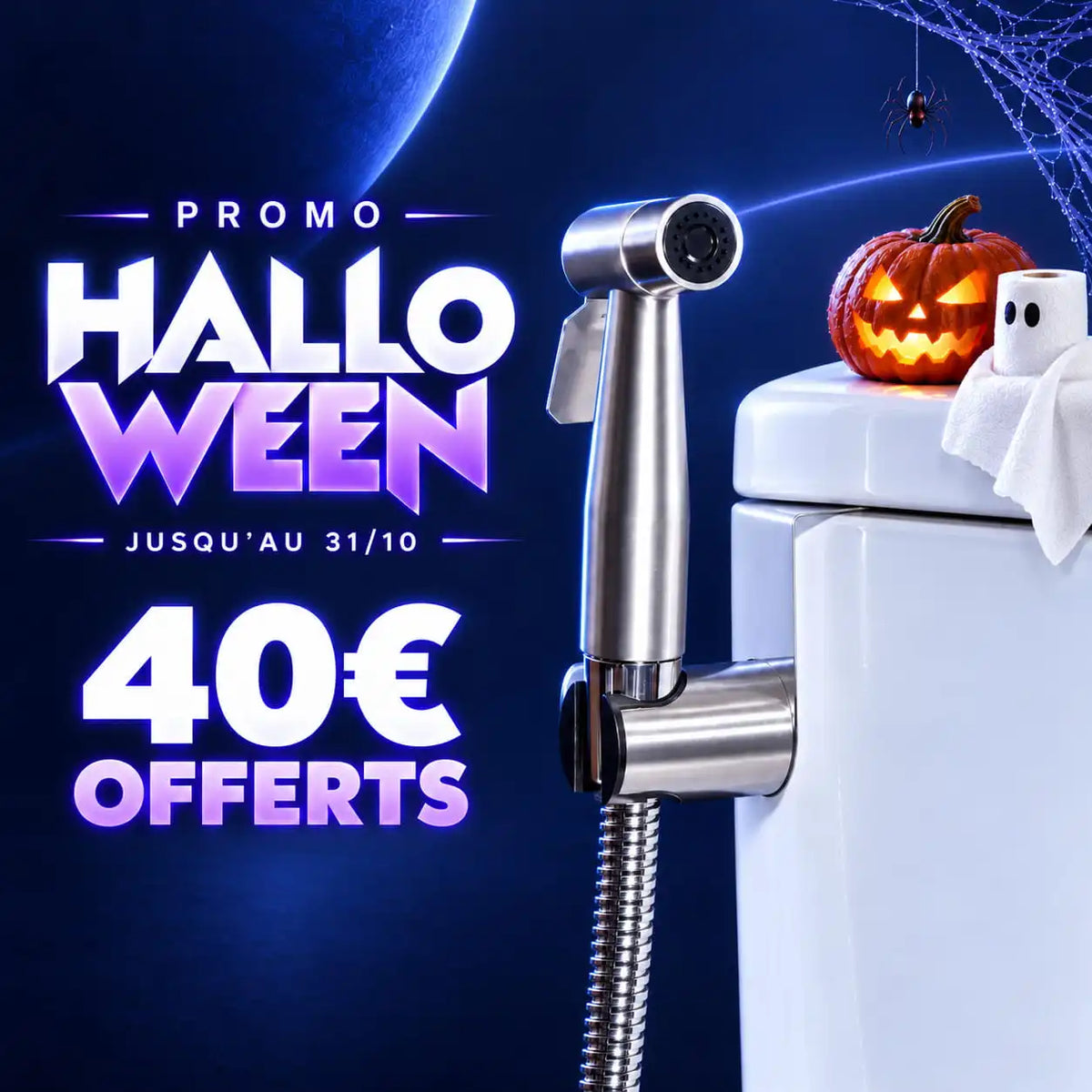 Douchette WC Hydraflow inox fixée au réservoir des toilettes, visuel de l’offre Halloween