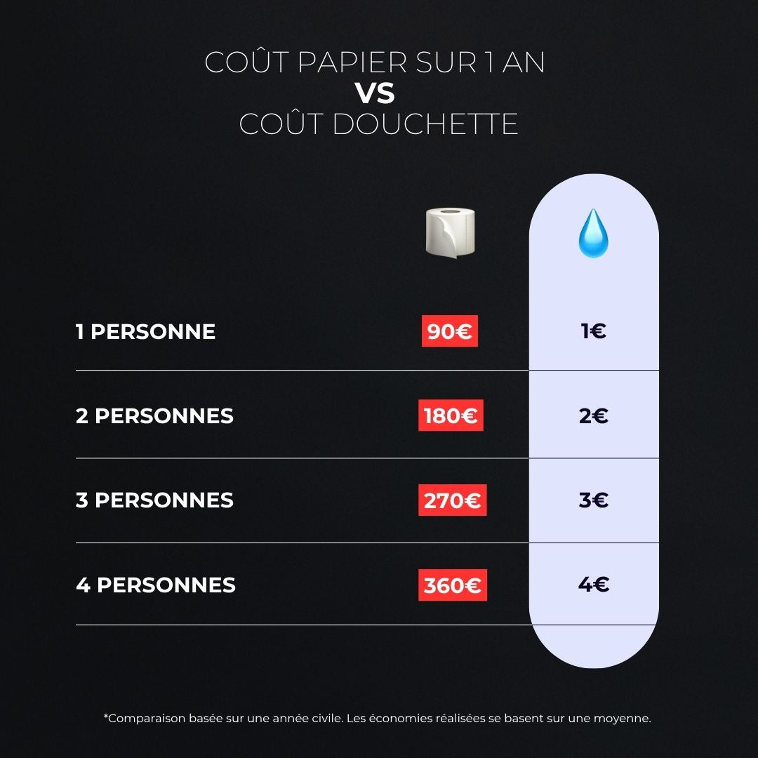 Coût du papier toilette sur un an comparé à celui de la douchette WC, de 1 à 4 personnes