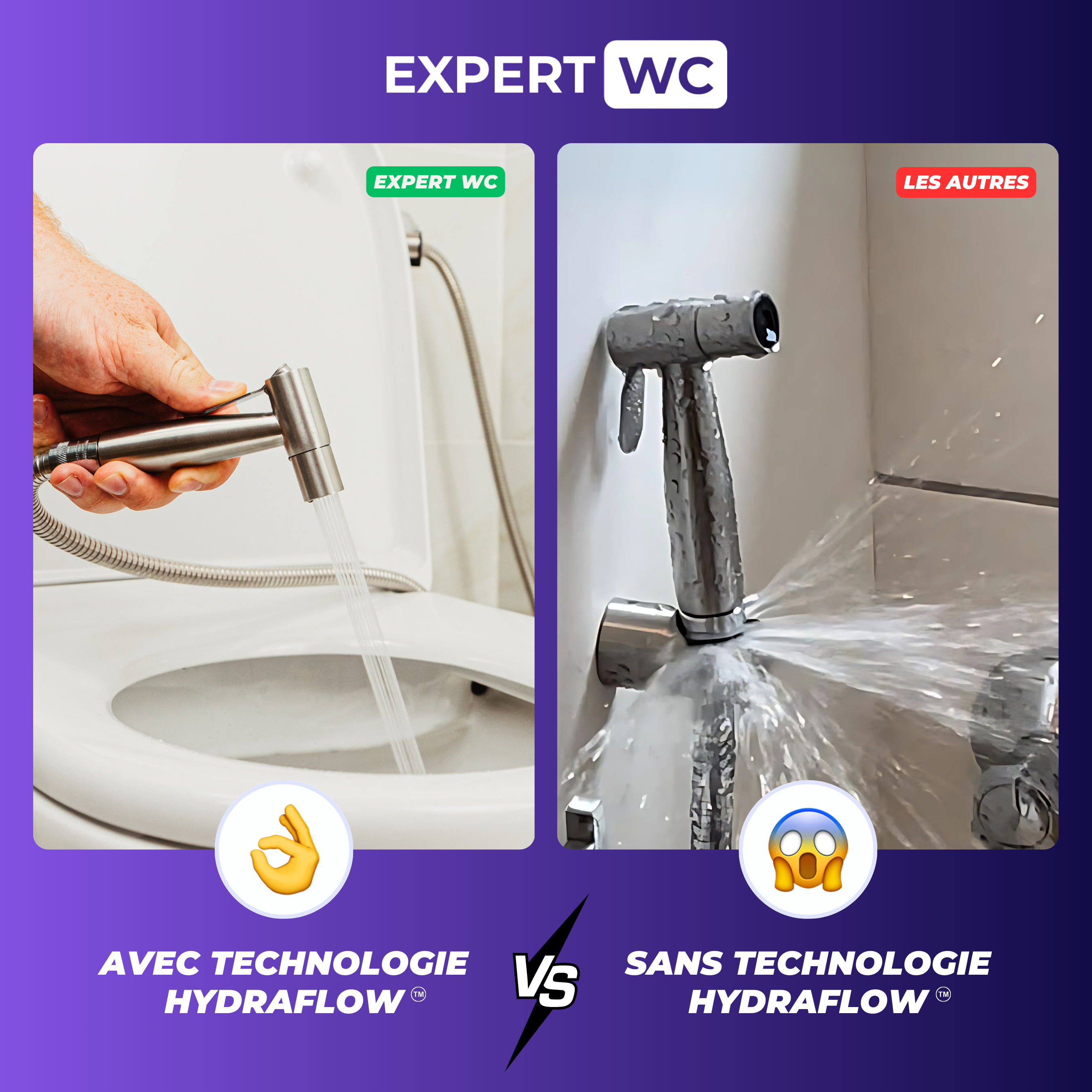 Comparatif douchette WC Expert WC avec technologie HydraFlow vs douchette classique avec fuites