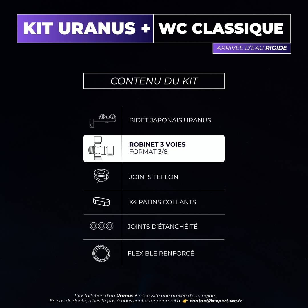 Contenu du kit WC japonais Uranus+ pour arrivée d’eau rigide : robinet 3 voies, joints, flexible