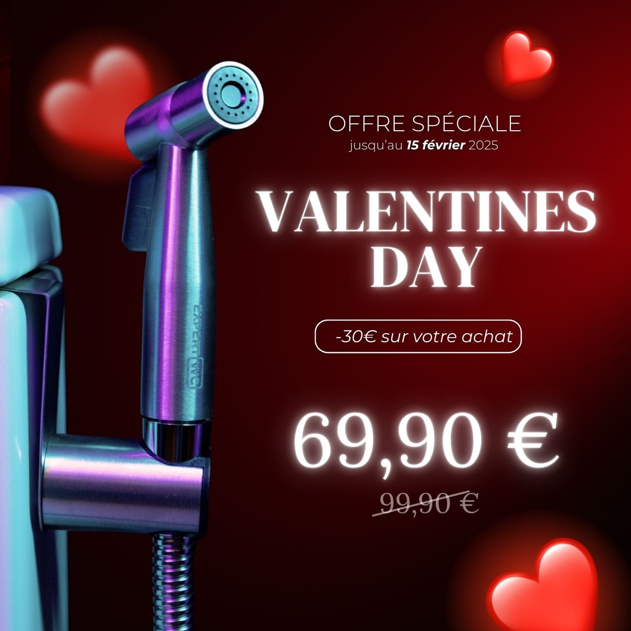 Photo de la douchette WC Expert WC en inox sur un fond Saint Valentin avec des coeurs