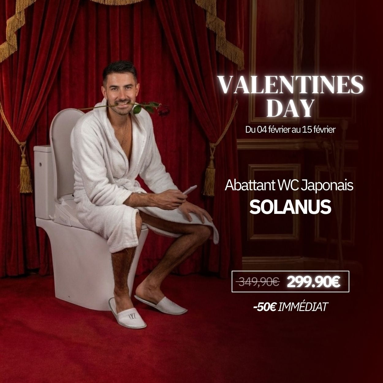 Photo d'un homme utilisant l'abattant WC Japonnais Solanus dans une ambiance romantique Saint Valentin