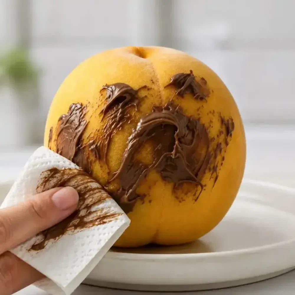 Pêche couverte de chocolat essuyée avec du papier toilette, qui laisse des traces